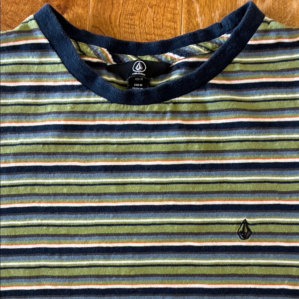 Volcom Striped Crew Tee in Olive, Navy & White